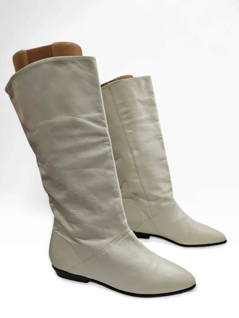 Vintage 80s Women Cream Leather Slouch Flat Boots 8M Made in Brazil